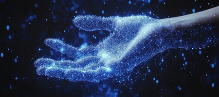 A Hand Formed From A Network Of Points Against A Dark Background With Glowing Particlesの素材