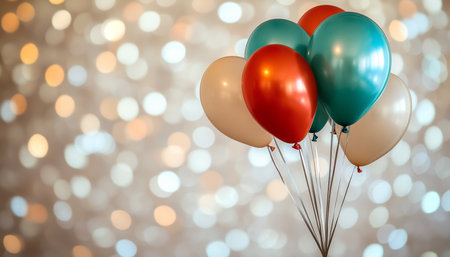 Coral And Turquoise Balloons On A Glittery Background, Holiday Festive Celebration Conceptの素材