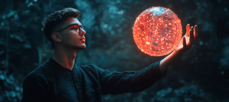 Young Man Holding a Luminous Sphere Symbolizing Global Network Connections in the Darkの素材