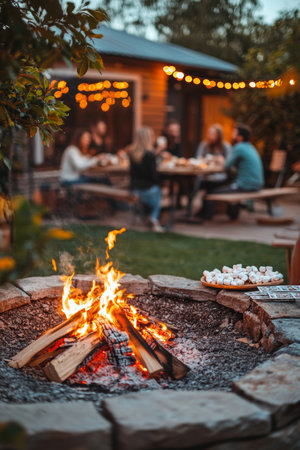 Friends Gather Around a Cozy Fire Pit on a Summer Evening, Enjoying Drinks and Conversationの素材