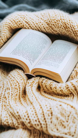 Open Book Resting on a Soft, Cozy Knit Blanket, Ideal for Autumn or Winter Relaxation Imageの素材
