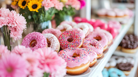 Vibrant Pink Frosted Donuts with Sprinkles, Displayed with Colorful Flowers in a Bakeryの素材
