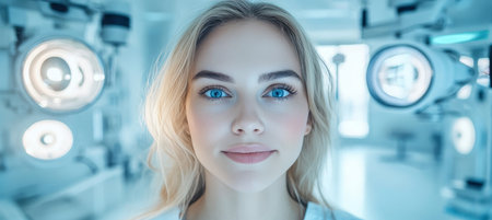 Portrait of a Confident Young Woman in a Modern Medical Facility, Futuristic Healthcare Conceptの素材