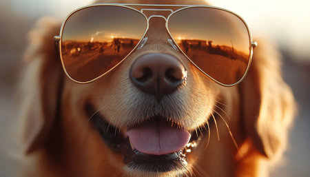 Golden Hour Glamour Adorable Canine Close-Up Sporting Mirrored Aviators, the Epitome of Coolの素材