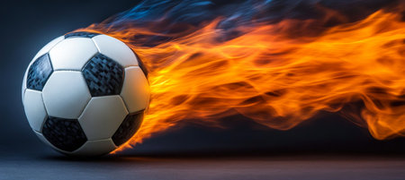 Fiery Football A Dynamic Image of a Soccer Ball Engulfed in Flames, Motion Blur, Black Backgroundの素材