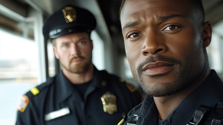 Serious African American Police Officer on Duty, Law Enforcement, Protection, and Securityの素材