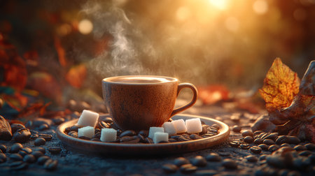 Steaming Cup of Coffee with Sugar Cubes and Coffee Beans on a Plate in Autumnal Settingの素材