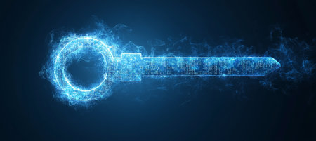 Glowing Key, Symbol of Digital Access and Opportunities, with Binary Code and Data Streams on Blueの素材