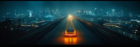 Cyber City Highway, Night Drive with a Futuristic Car A Vision of Speed and Digital Transformation.の素材