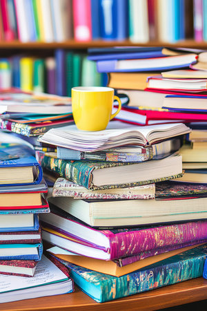 Busy Teachers Desk Open Books, Stacked Textbooks, Lesson Plans, and Steaming Coffee Mugの素材