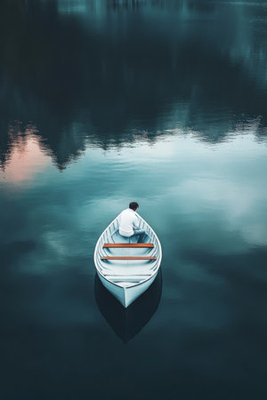 Solitude on Tranquil Water Man in Boat Contemplates on Water Mirroring Sky and Sunsetの素材