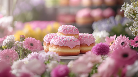 Pink Donuts With Sprinkles on a Floral Background Sweet Treats and Spring Blooms in Perfect Harmonyの素材