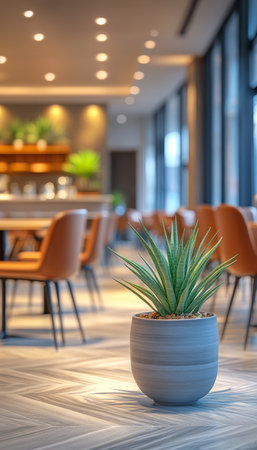 Contemporary Bistro Interior Blurred Restaurant Scene with Stylish Seating and Foreground Plantの素材