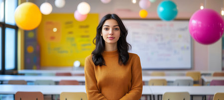 Confident Young Woman in Orange Sweater Poses in a Modern Classroom with Colorful Accentsの素材