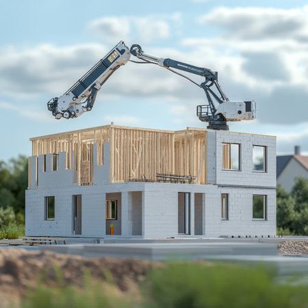 Automated Construction Robotic Arm Building a Modern Prefabricated Home - Revolutionizing Industryの素材