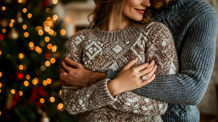 Romantic Couple Embraces by Christmas Tree, Celebrating Holiday Love and Togetherness.の素材