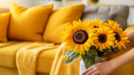 A housekeeper s touch  dusting a cheerful living room with sunflowers and cozy decorの素材