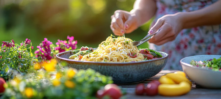 Woman Adding Seasoning to Plant-Based Pasta Dish Outdoors, Surrounded by Fresh Ingredientsの素材