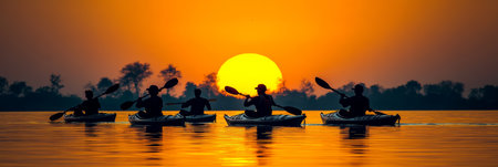 Golden Hour Paddling Kayakers Embrace Tranquility, Silhouetted Against a Fiery Sunset on Calm Waterの素材