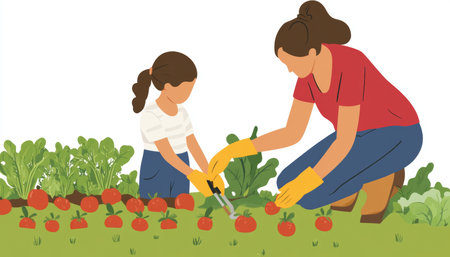Mother And Daughter, Together In Garden, Cultivating Healthy Lifestyle Through Gardeningの素材