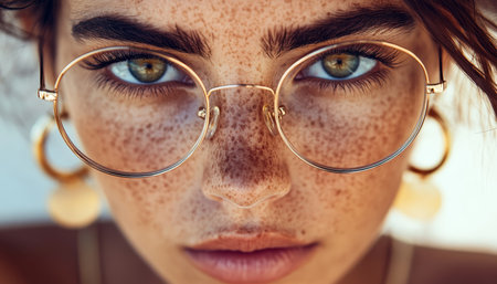 Close-Up Portrait of Woman with Freckles Wearing Round Glasses, Emphasizing Her Captivating Eyesの素材