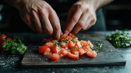 Chef s Hands Preparing Fresh Salsa with Vibrant Tomatoes and Cilantro on Rustic Cutting Boardの素材