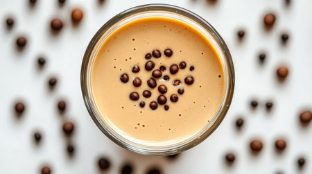 Peanut butter in a glass jar against a crisp white background for culinary inspirationの素材