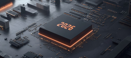 2026 CPU. Closeup of computer electronic circuit board with processor and glowing digital numberの素材