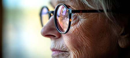 Close Up of Senior Woman with Glasses, Contemplative Expression, Wrinkles, and Soft Lightingの素材