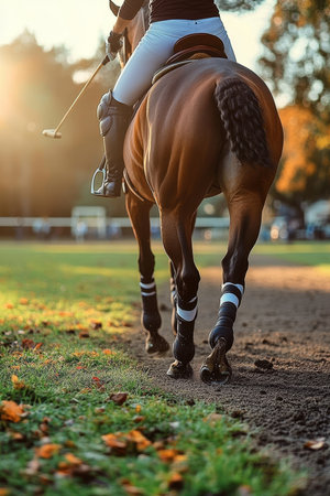 Golden Hour Polo Skilled Equestrian Rides Horse Off Field After Match, Backlit by Setting Sunの素材