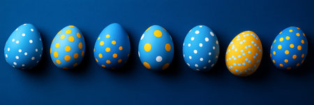 Seven Blue and Yellow Easter Eggs with Polka Dot Patterns Arranged on a Solid Blue Backgroundの素材