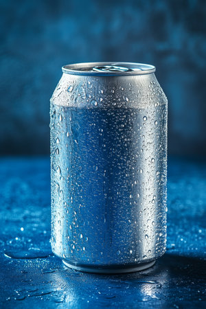 Refreshing Cold Drink Close-Up of a Single Aluminum Can with Condensation on Blue Backgroundの素材