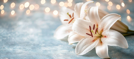 Elegant White Lily Flowers in Bloom Spring Floral Background With Soft Focus and Holiday Glitterの素材