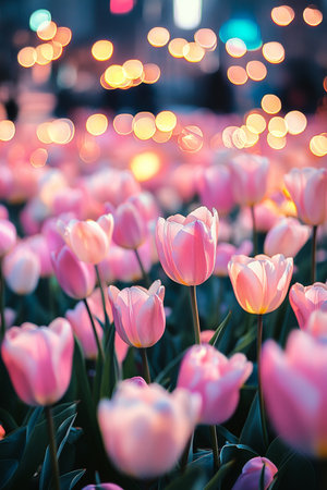 Magical Garden of Soft Pink and Yellow Tulips with Bokeh Lights, Spring Floral Backgroundの素材