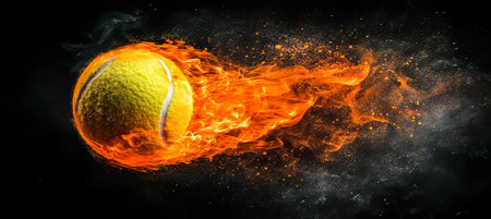 Fiery Tennis Ball A Scorching Symbol of Power and Intensity, Set Against a Dramatic Black Backdropの素材