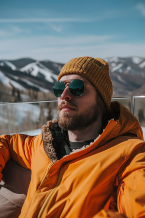 Relaxed Man with Sunglasses Enjoying the Scenic Mountain View in Winter, Mountainscape Backgroundの素材