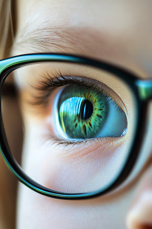Through The Glasses Close-up Of A Childs Eye With Corrective Lenses, Exploring Vision And Eye Careの素材
