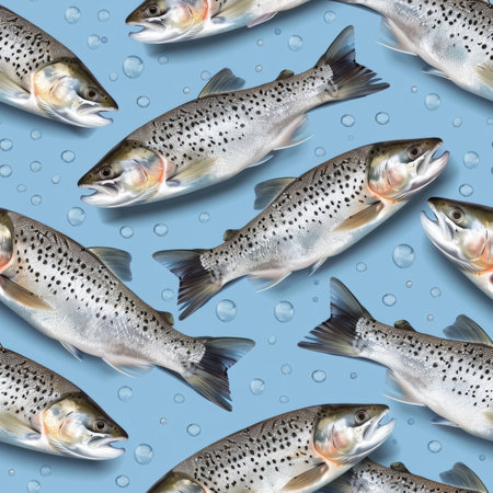 Seamless Pattern of Whole Salmon on Blue Background, Seafood Pattern, Fresh Fish Designの素材