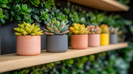 Small Succulents in Colorful Pots on a Wooden Shelf against a Green Wall, Home Decor and Gardeningの素材