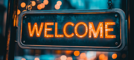 Orange Neon Welcome Sign Glowing Against a Defocused City Lights Background at Night.の素材