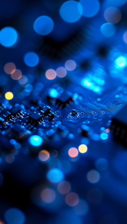 Blue Technology Background, Futuristic Circuit Board Design With Abstract Bokeh Lights Effectの素材