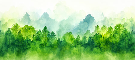 Misty Tranquil Forest, Soft Green Watercolor Landscape Painting with Ethereal Sunlight and Gradientの素材