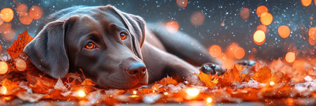 Autumn Gaze Chocolate Labrador Retriever Amidst Falling Leaves, A Portrait of Canine Charmの素材