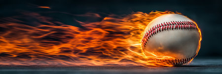 Flaming Baseball Close-up of a baseball engulfed in flames against a black background.の素材