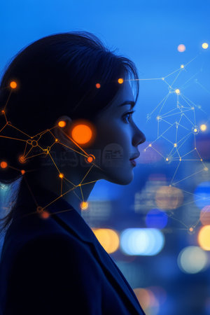 Young Woman Profile with Futuristic Network Connection, Technology, Innovation Concept.の素材
