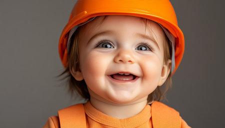 Happy Toddler in Orange Construction Helmet, Close-up Portrait with Copy Space on Leftの素材