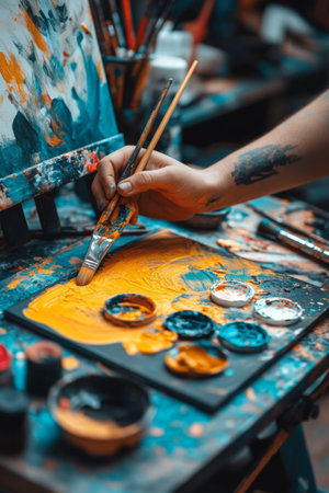 Artist s Hand With Paintbrush Creating Vibrant Artwork On Canvas, Colorful Art Suppliesの素材