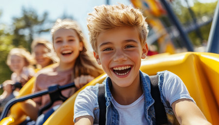 Group Of Excited Teenagers Riding Rollercoaster In Amusement Park. Summer Vacation, Entertainment.の素材