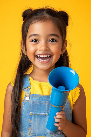 Happy Little Girl, Big Voice Portrait of a Joyful Child with Megaphone, Yellow Backgroundの素材