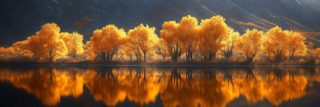Golden Autumn Reflections Tranquil Lake Surrounded by Colorful Trees and Majestic Mountainsの素材